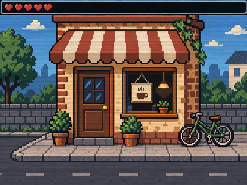 ドット絵のキャラや背景に、ゲームの UI や走査線の雰囲気がある